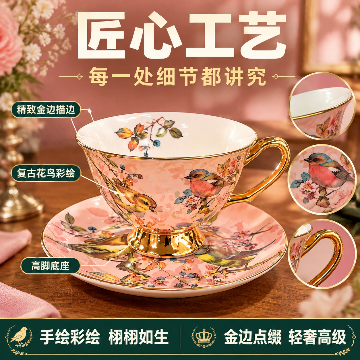 拼多多电商主图，欧式复古花鸟骨瓷咖啡杯碟套装（粉色款）工艺特写… - 图片创意预览