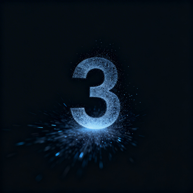 数字"3"由消散的粒子构成，粒子从中心向四周扩散出效果，数字居中放置，画面四周留出大量空白，深色简约背景，科技感，粒子效果精致预览效果