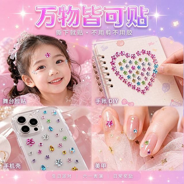 1:1 正方形电商主图，马卡龙清新风结合软萌少女风，背景为甜心粉到香芋紫柔和渐变加星芒闪光。顶部居中主标题 "万物皆可贴"，水晶通透质感大字，粉紫渐变填充带白色细描边和柔和投影；其下副标题 "撕下就贴・不用剪不用胶"，白色纤细无衬线字居中。主体为 2×2 四宫格分镜，四宫格之间的分隔线极细几乎不可见，画面占比拉满饱满，每格场景自然真实、贴在上面的钻尺寸与该场景物品比例严格真实协调：左上格为 3 至 6 岁女童脸部特写，扎公主辫穿浅粉纱裙笑容明亮，眉心一颗 0.8cm 中钻、眼角点缀数颗 0.5cm 小钻，钻的大小符合脸部真实比例，角落细体白字 "舞台脸贴"；右上格为手账本页面特写，页面上用 1cm 大钻、0.8cm 中钻拼出心形图案，钻的大小跟手账本比例真实协调，一只手撕下钻贴正在贴上，角落标注 "手账 DIY"；左下格为透明手机壳背面特写，壳上贴着 0.8cm 和 0.5cm 尺寸的钻，跟手机壳比例真实、bling 反光，角落标注 "手机壳"；右下格为美甲特写，指甲上点缀 0.5cm 小钻，大小贴合指甲宽度真实自然，角落标注 "美甲"。每格中的钻严格还原参考产品的形状、颜色、刻面火彩和 1cm/0.8cm/0.5cm 三种真实尺寸，比例真实自然不夸张。底部横条居中放一行白色细体小标签 "生日派对｜六一表演｜日常奖励"。整体明亮温暖有生活感，分格无粗边框、画面饱满占比高，干净统一软萌甜美。