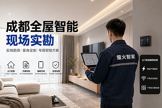 8K超高清商业写实摄影，小红书全屋智能宣传海报，横向宽幅版式，现代轻奢精装成都家装客厅实景，浅灰哑光乳胶漆墙面、悬浮吊顶嵌入式暖光筒灯、落地玻璃窗配布艺窗帘、浅咖原木电视柜与布艺沙发，画面右侧一名身穿印有“萤火智家”藏青色工装的男工程师背对镜头，手持触控平板在室内进行全屋户型实地勘测作业，墙面嵌装智能开关面板。 画面左侧1/3区域排版文案内容：大标题：黑色粗体大字"成都全屋智能"，蓝色加粗字体"现场实勘"；标题下方小号灰色标语"实地勘测·量身定制·专属智能方案"；左下角横向均匀排布4个黑色简约线性矢量图标+配套说明文字，依次：房屋图标「上门实勘；下方小字"工程师上门量房测绘"」、齿轮图纸图标「方案定制；下方小字"按户型量身配智能配置"」、手机图标「智能布局；下方小字"强弱电点位精准规划"」、盾牌图标「全程保障；下方小字"售前勘测+落地安装售后"」。 画面最右侧竖向悬浮黑色圆角标签框，框内顶部白色标题文字"上门实地勘测优势"，下方三条带对应小图标白色分项文案：闪电图标→精准户型勘测、WiFi图标→户型点位规划、方块图标→个性化方案定制。 柔和室内漫射自然光+筒灯暖光，光线均匀通透无硬阴影，主色调哑光白+浅灰，品牌强调色藏青蓝+黑色，低饱和高级哑光质感，写实实景+扁平化矢量图标混合风格，画面干净整洁、高级简约，家装温馨+专业工装商务氛围，细节材质细腻，8K高清画质，商业宣传图质感