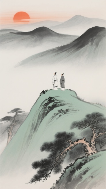 干净风格，中国传统水墨画意境山水，主调灰绿柔和，中央偏左橙红夕阳缓落染红天际，远处山峦曲线流畅墨色渐变，山巅青松姿态优雅，浓淡墨绘松针，山巅二人着传统服饰静立远眺落日，禅意宁静，笔墨简练意境悠远，留白恰当，东方美学“天人合一”，淡雅和谐线条飘逸。预览效果