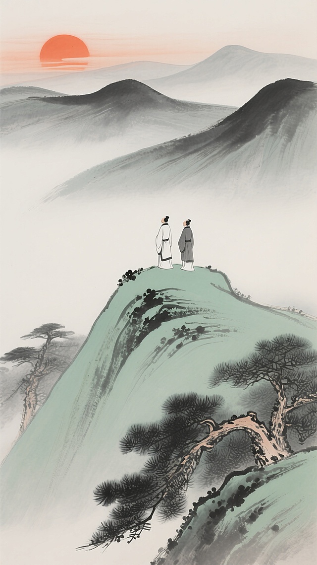 干净风格，中国传统水墨画意境山水，主调灰绿柔和，中央偏左橙红夕阳缓落染红天际，远处山峦曲线流畅墨色渐变，山巅青松姿态优雅，浓淡墨绘松针，山巅二人着传统服饰静立远眺落日，禅意宁静，笔墨简练意境悠远，留白恰当，东方美学“天人合一”，淡雅和谐线条飘逸。