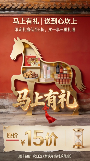 方案二：年货节礼盒（适合食品/礼盒/美妆类目）

营销定位：春节送礼场景，强调"体面+实惠"的社交货币价值
即梦Prompt：
高端电商营销海报，对称构图，故宫红墙背景，中央展示金色骏马剪影（镂空设计预览效果