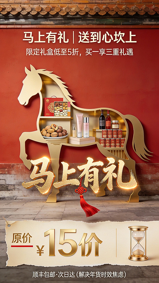鎏金浮雕马形置物架，融合国潮风与超级符号设计，中式红墙背景烘托喜庆奢华感，礼盒陈列尽显节日氛围。