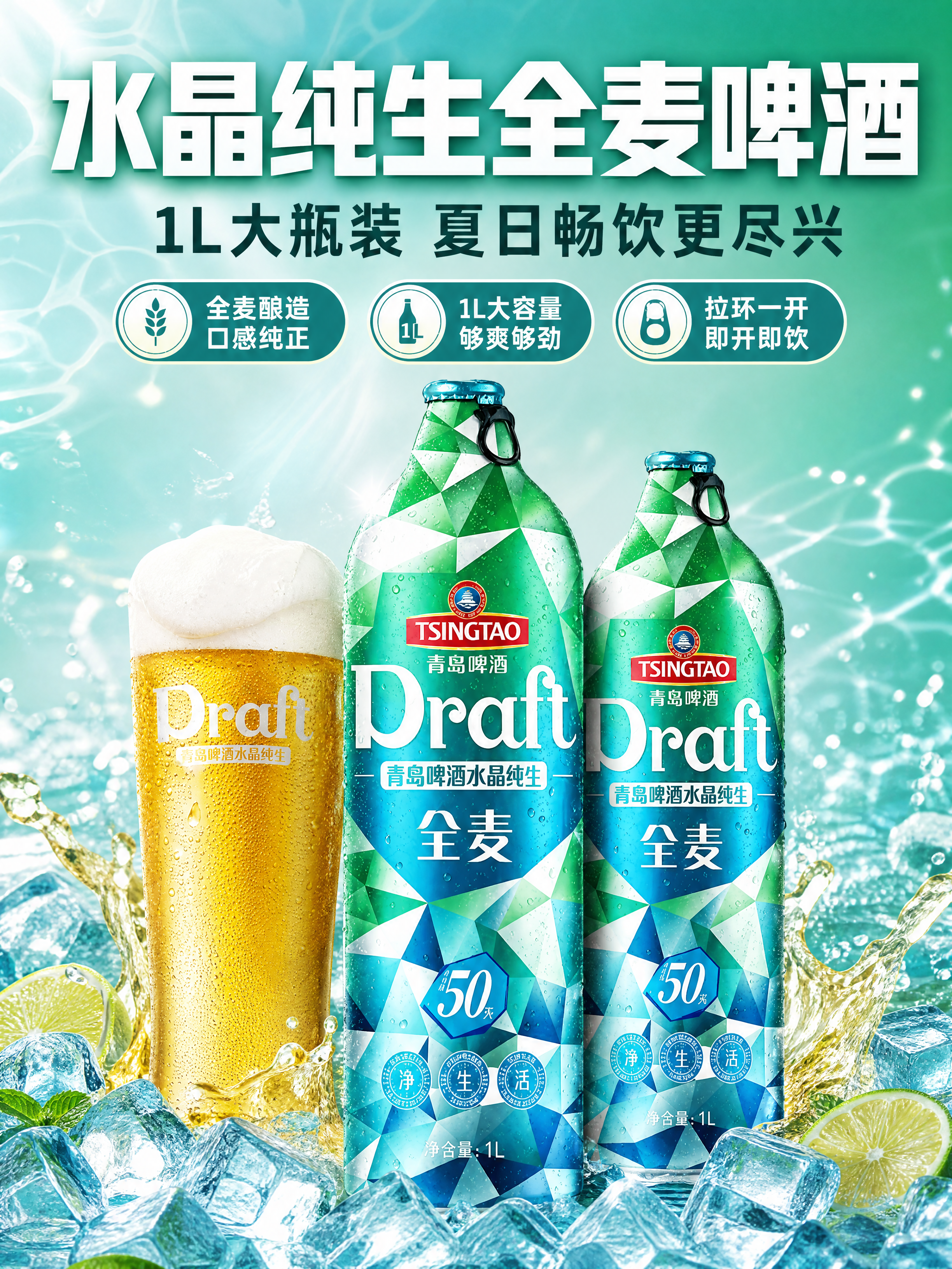 [商品] 使用【图1】青岛啤酒水晶纯生全麦1L大瓶产品图+啤酒… - 图片创意预览