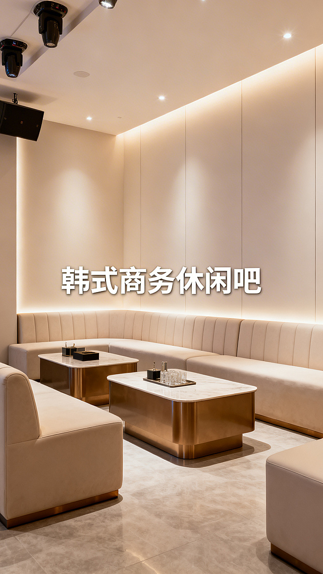 西安商务KTV场景，韩式简约装修，浅色温馨色调，简洁线条家具，添加文字“韩式商务休闲吧”