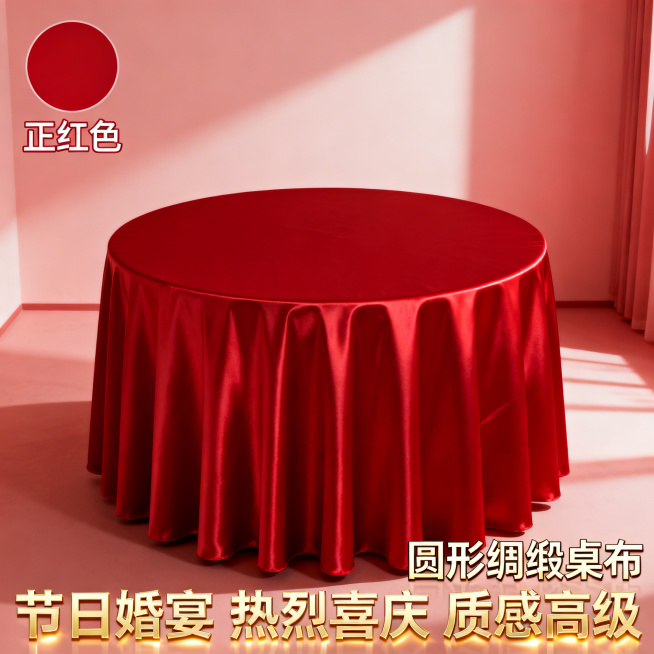 [1:1 SKU图 正红色圆形绸缎桌布]
[主图主题] 正红色圆形绸缎桌布
[氛围/风格] 热烈喜庆，节日氛围，暖调光影
[画面元素] 圆形婚宴餐桌铺设正红色绸缎桌布，自然垂坠，展示完整圆形形态，光泽预览效果