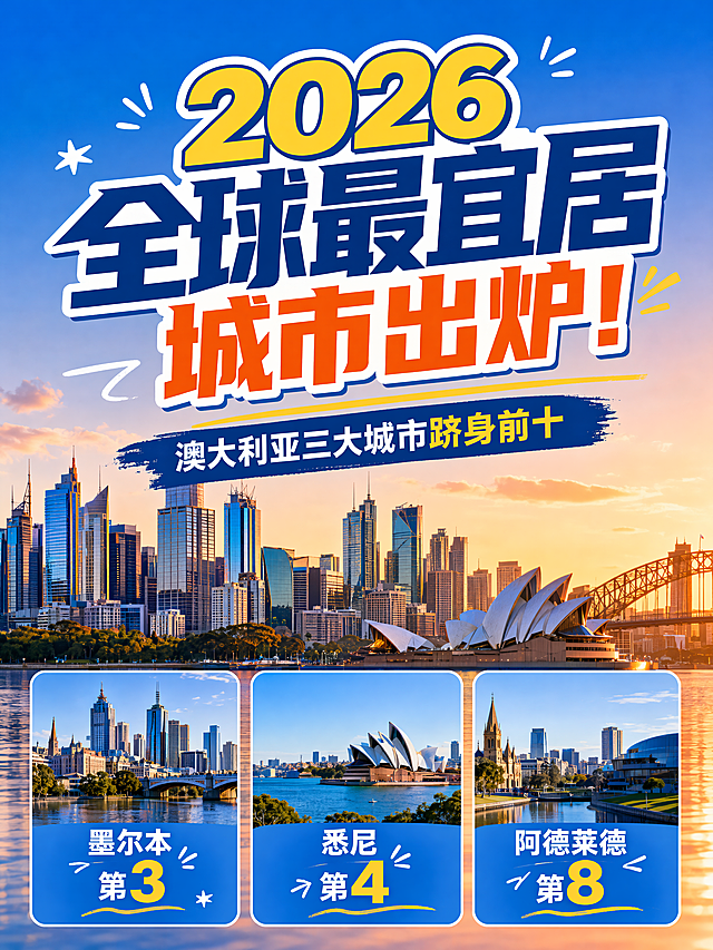 小红书大字封面图，竖版3:4比例，4K高清。主标题大字："2026全球最宜居城市出炉！"，副标题："澳大利亚三大城市跻身前十"。背景是澳大利亚城市天际线剪影，蓝橙渐变色调，现代简约风格。画面下方有三个城市标签：墨尔本第3、悉尼第4、阿德莱德第8。整体风格清新活泼，适合小红书留学种草笔记封面。