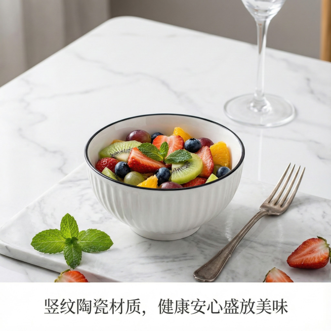 这是一只陶瓷碗，其名称为山田竖纹圆碗，碗口直径为4.5英寸。我给你提供了一张白底图，请根据我的白底图，帮我绘制5张不同角度的场景图。每张场景图比例为1：1，内容是将这只碗与不同的日常生活场景结合，并配预览效果