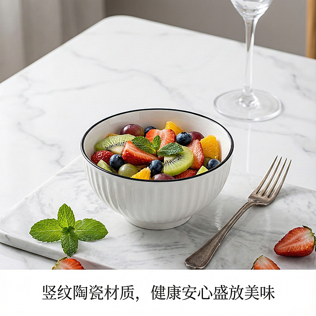 这是一只陶瓷碗，其名称为山田竖纹圆碗，碗口直径为4.5英寸。我给你提供了一张白底图，请根据我的白底图，帮我绘制5张不同角度的场景图。每张场景图比例为1：1，内容是将这只碗与不同的日常生活场景结合，并配上简要的卖点介绍。特别注意生成的场景图中，不能修改碗的造型、颜色或者样式，必须和我提供的白底图一样。碗的大小可以根据场景的不同进行缩放。