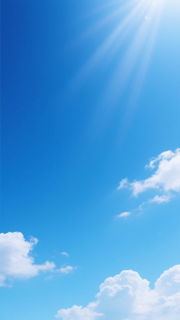 一张纯净的天空背景图，整体呈现由上至下从深邃的宝蓝色逐渐过渡到明亮的浅蓝色的渐变效果，画面中点缀着少量形态轻盈、边缘柔和的白色云朵，主要分布在右下角和左下角区域，云层稀薄且具有透明感，阳光从画面上方照射下来，在天空中形成自然的光晕和细微的光线散射效果，营造出宁静、开阔、清新且充满希望的氛围，整体风格简约自然，色彩和谐统一，给人以舒适、放松的视觉感受。预览效果