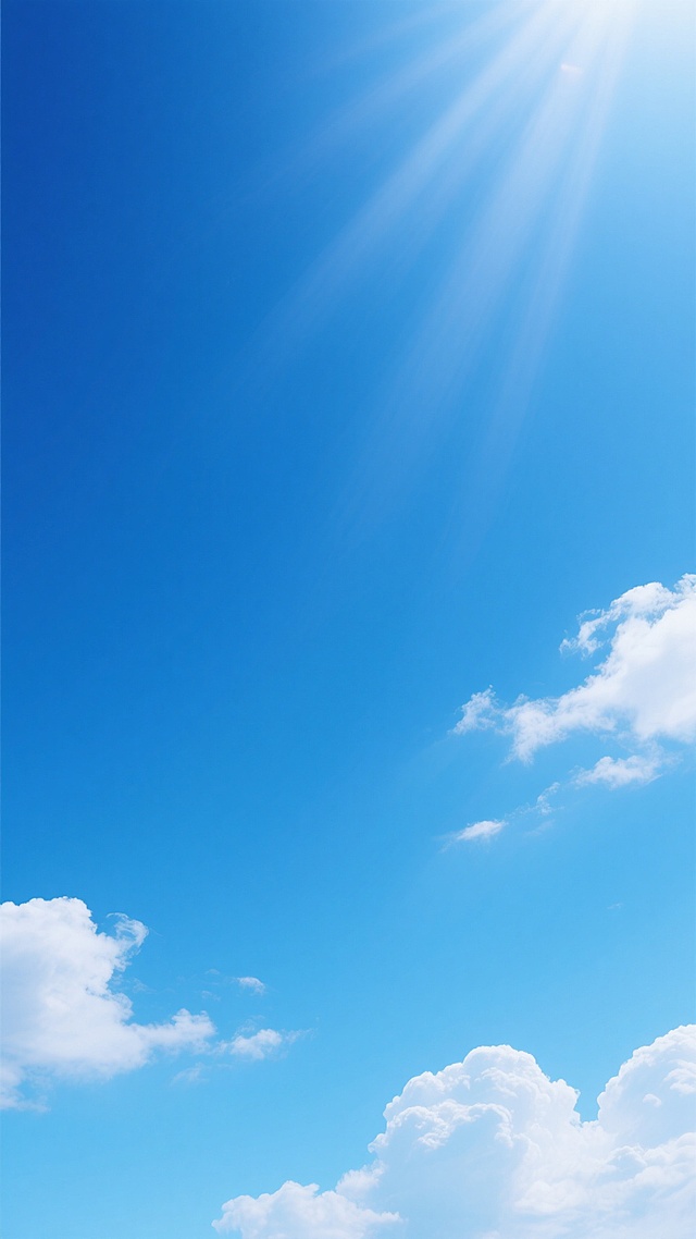 一张纯净的天空背景图，整体呈现由上至下从深邃的宝蓝色逐渐过渡到明亮的浅蓝色的渐变效果，画面中点缀着少量形态轻盈、边缘柔和的白色云朵，主要分布在右下角和左下角区域，云层稀薄且具有透明感，阳光从画面上方照射下来，在天空中形成自然的光晕和细微的光线散射效果，营造出宁静、开阔、清新且充满希望的氛围，整体风格简约自然，色彩和谐统一，给人以舒适、放松的视觉感受。