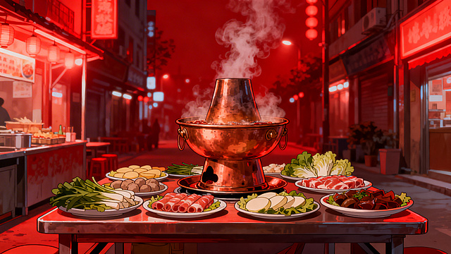 重新生成无人的街头热闹火锅摊纯背景，二次元动漫风格，夜晚热闹街景，画面中清晰展示冒着热气的铜火锅和摆放的各类菜品，红色暖光充满烟火气，没有任何人物，16:9横版