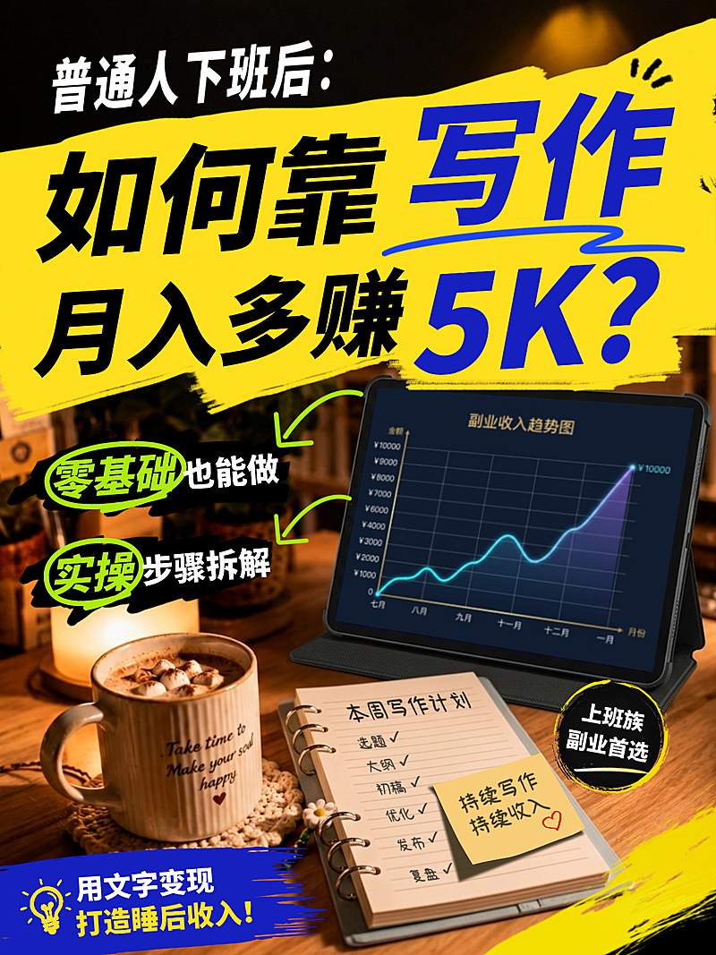 上班族写作副业赚钱经验内容分享大字撕纸风小红书封面
