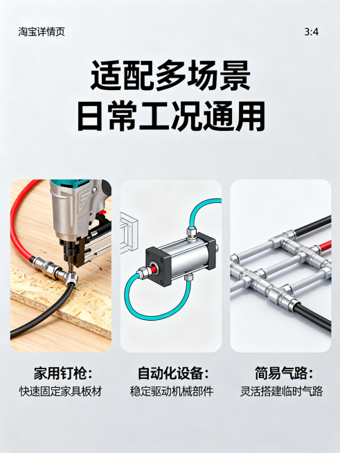 淘宝详情页场景应用模块，3:4竖版，标题文字是 "适配多场景 日常工况通用"，展示三个拼接应用场景：家用气动钉枪连接、小型自动化设备气缸连接、简易气路连接，每个场景配小图和简短说明，整体背景浅灰简约，预览效果