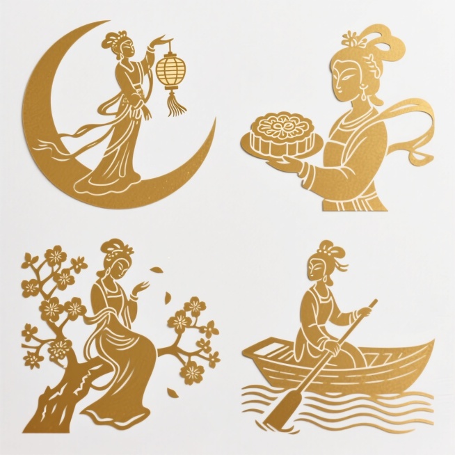 4个金色烫金的嫦娥素材（2X2规整排布），带有不同动作：1、在月亮上提着灯，2、拿着一盘月饼，3、坐在桂花树上，4、划船。白色背景预览效果