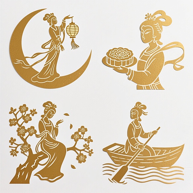 4个金色烫金的嫦娥素材（2X2规整排布），带有不同动作：1、在月亮上提着灯，2、拿着一盘月饼，3、坐在桂花树上，4、划船。白色背景