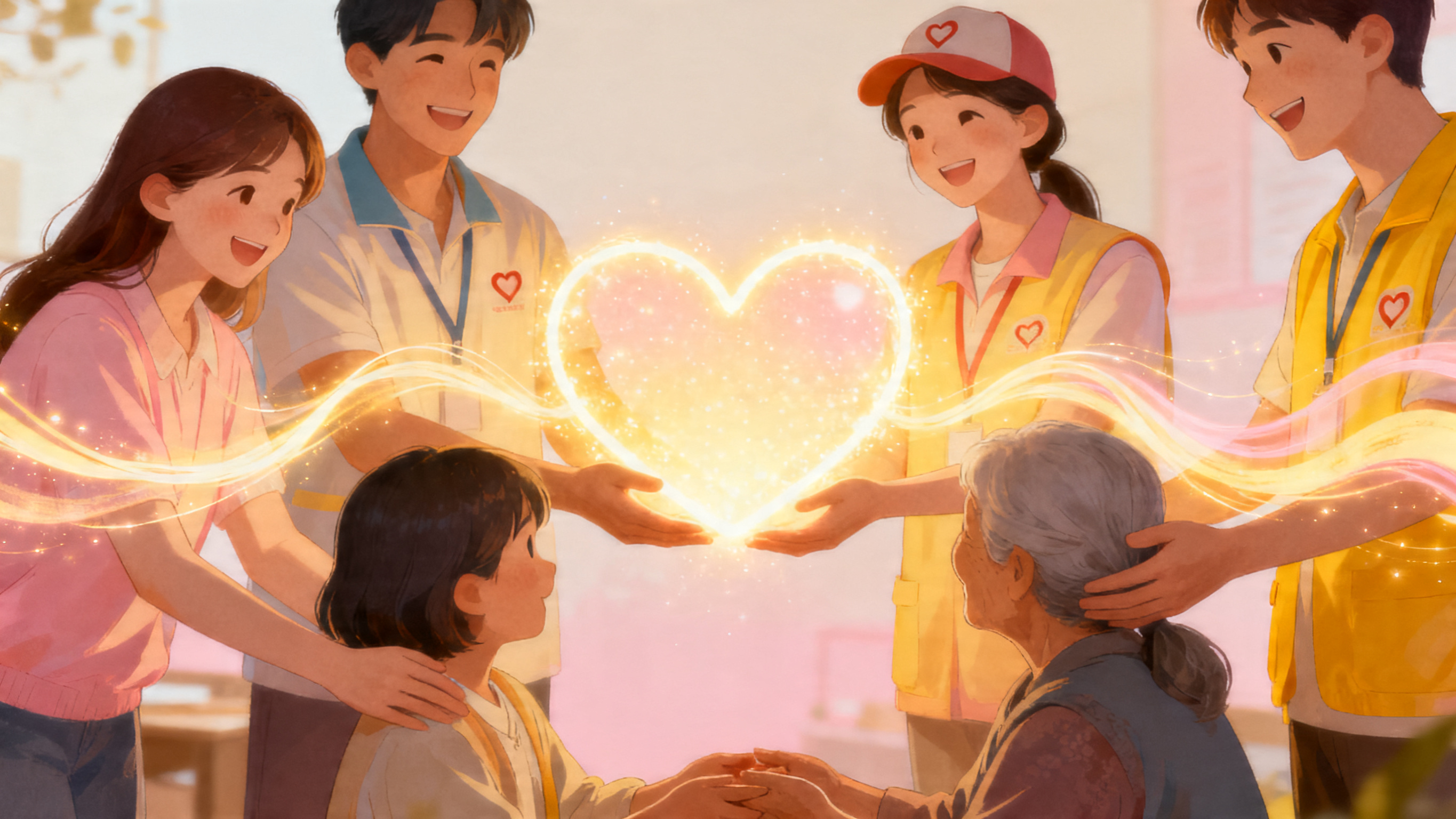 温暖的公益活动画面，中心充满爱心元素，爱心向画面两侧自然延伸，… - 图片创意预览