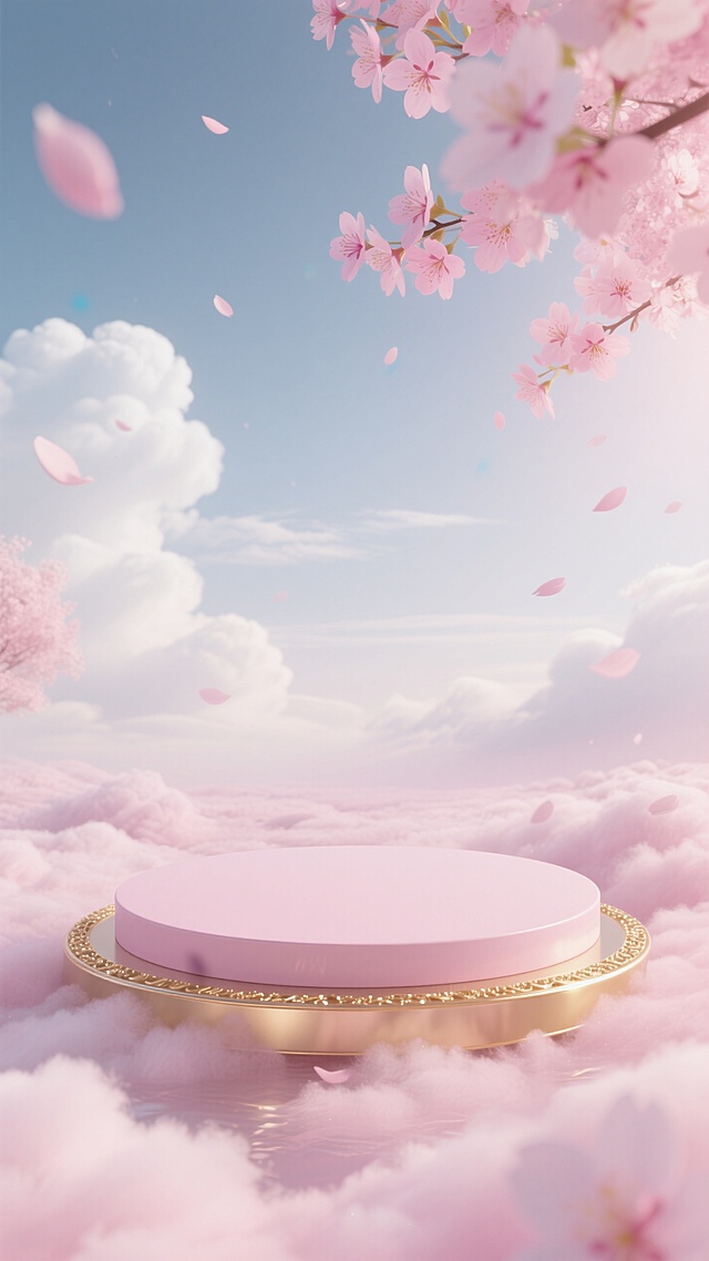 梦幻3D风，虚拟自然场景，粉色樱花与云海交织，甜美浪漫，节日氛围浓厚。
