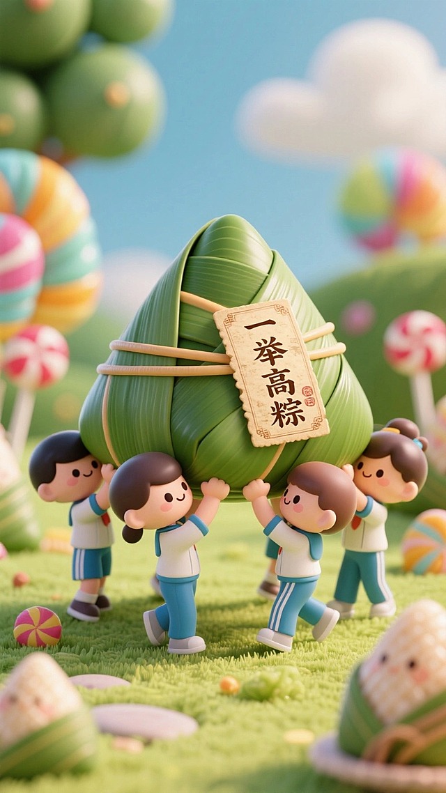 微小世界探索，几个高中学生模样小人抬着一只巨大的粽子，粽子上系了一个复古标签写：一举高粽。
