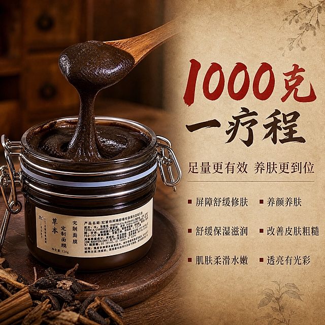 [主图-3] 足量疗程卖点，1000克一疗程，突出足量更有效，配合质地展示。
[统一基调] 整体中药风格，不花哨，沉稳古朴。主色调为深棕褐色、赭石色、米白宣纸色，草本呈现晒干后偏黑的中药颜色。字体选用古朴宋体/书法体，标题深褐色，辅助文字赭石色，强调数字用朱砂红。整体光影柔和。
[画面] 画面左侧展示深棕色玻璃卡扣面膜罐，罐口打开，露出内部深褐色膏体，用木质小舀勺舀起少量膏体，膏体呈深褐中药泥状，质地细腻，有拉丝感，展示质地特写。右侧为疗程足量信息区。背景为深棕色木质纹理，虚化处理，左下角散落少量晒干草本。
[光影质感] 商业摄影质感，左侧主光打亮膏体质地，膏体细腻光泽可见，罐体玻璃反光自然，木质舀勺纹理清晰，整体温润有质感。
[配色] 深棕木质背景 + 深褐膏体 + 米白标签 + 朱砂红强调数字，整体统一中药色调。
[文字版式] 画面右侧上方大标题「1000克 一疗程」，古朴书法字体，「1000克」用朱砂红大号字体，「一疗程」深褐色；标题下方小字「足量更有效 养肤更到位」，宋体赭石色；再下方分两行列出功效点：「屏障舒缓修肤」「养颜养肤」「舒缓保湿滋润」「改善皮肤粗糙」「肌肤柔滑水嫩」「透亮有光彩」，每行两个，用小方块符号引导，宋体深褐色。文字放在右侧负空间，不遮挡产品。
[输出要求] 1:1正方形比例，文字清晰可读，产品清晰不变形，无水印无平台Logo，无医疗化夸张表达，禁用「温和」二字。负向：变形、错字、模糊、杂乱、悬浮、穿模、夸张对比图、医疗术语。
