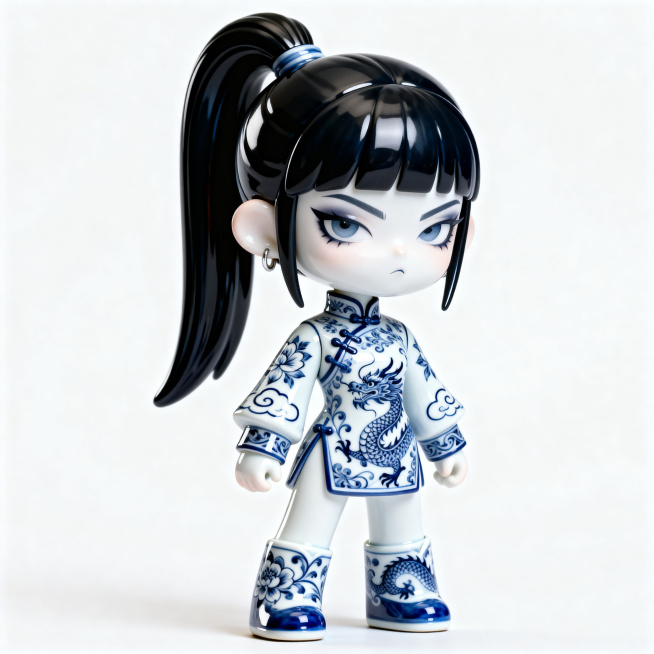 Q版青花瓷拟人IP手办，国风酷飒少女，清冷高级感，青花蓝白配色，融合传统缠枝莲纹、云纹、龙纹元素，高颅顶黑发，利落高马尾，穿着中式剪裁服装，陶瓷质感肌肤，哑光釉面质感，精致五官，冷白皮，眼神锐利酷拽表预览效果
