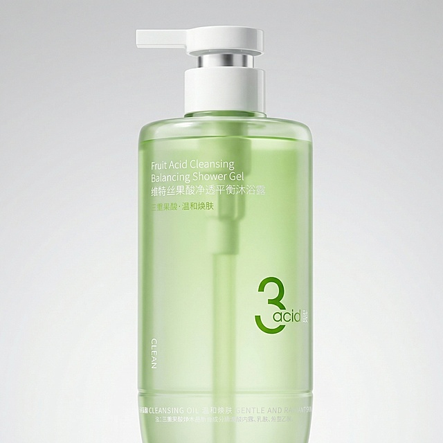 电商产品摄影，1:1 正方形构图，维特丝果酸净透平衡沐浴露的正面细节特写，镜头聚焦在产品的瓶身正面，清晰展示产品的 LOGO、名称 "维特丝果酸净透平衡沐浴露"、英文 "Fruit Acid Cleansing Balancing Shower Gel" 以及核心卖点 "三重果酸・温和焕肤" 文字信息。严格还原参考图中的产品，包括包装设计、颜色、LOGO 位置、文字内容、图案元素等所有细节，产品外观必须与参考图完全一致，不得改变包装设计、配色方案或品牌元素，保持产品的真实材质质感（高光 / 光滑 / 通透）。瓶身淡绿色透明质感清晰可见，文字印刷清晰整齐，"3 acid 酸" 核心标识突出，背景为浅灰色纯色渐变，简洁干净，突出产品主体，让用户清晰看到产品包装上的关键信息，适合作为电商详情页产品细节展示图，强化产品记忆点。负面词：模糊，文字模糊不清，LOGO 变形，颜色偏差，文字位置错误，包装污渍，划痕，破损，噪点，低清晰度，拉伸，截断，背景杂乱，阴影过重，过度曝光，反光失真，材质粗糙，细节缺失，品牌元素遗漏，字体变形，图案错位，瓶身污渍，不自然光影，色彩暗淡，画面杂质，构图不合理，产品角度错误，细节丢失