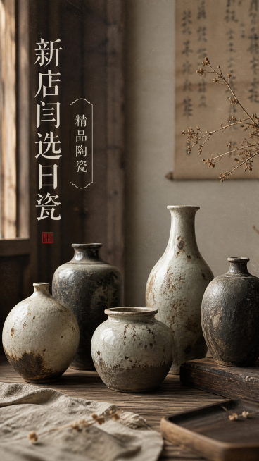 抖音竖版背景图，主题新店闫选日瓷，展示复古手工陶瓷花瓶，侘寂风风格，做旧质感，原木烘托，文字"新店闫选日瓷 精品陶瓷"，文艺复古氛围预览效果
