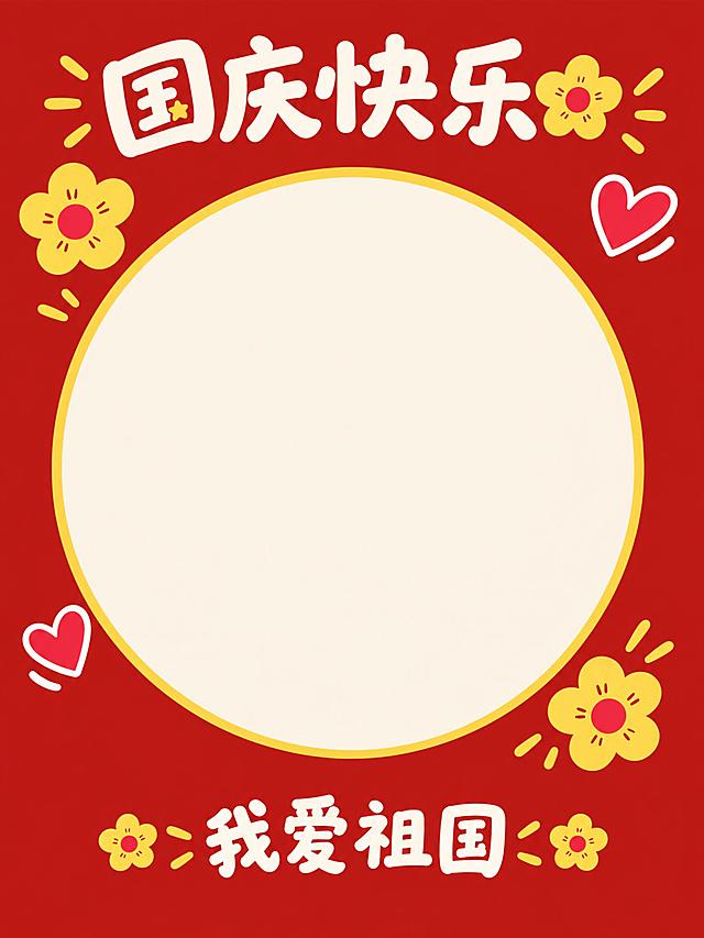 卡通简约风格节日打卡相框，红色为主色调，中间内空区域为圆形，圆形内是浅米色空白用于拍照，红色边框装饰有黄色小花、红色爱心和节日文字，顶部有可爱的卡通节日字体，整体风格可爱扁平插画，干净简洁，竖版构图