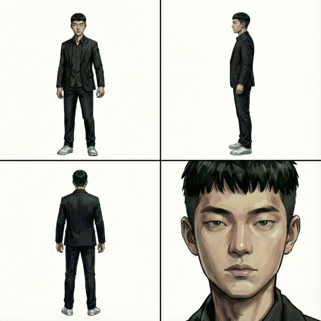 我想生成四视图，正面，侧面，背面，特写，并在一张图片里四宫格展示预览效果