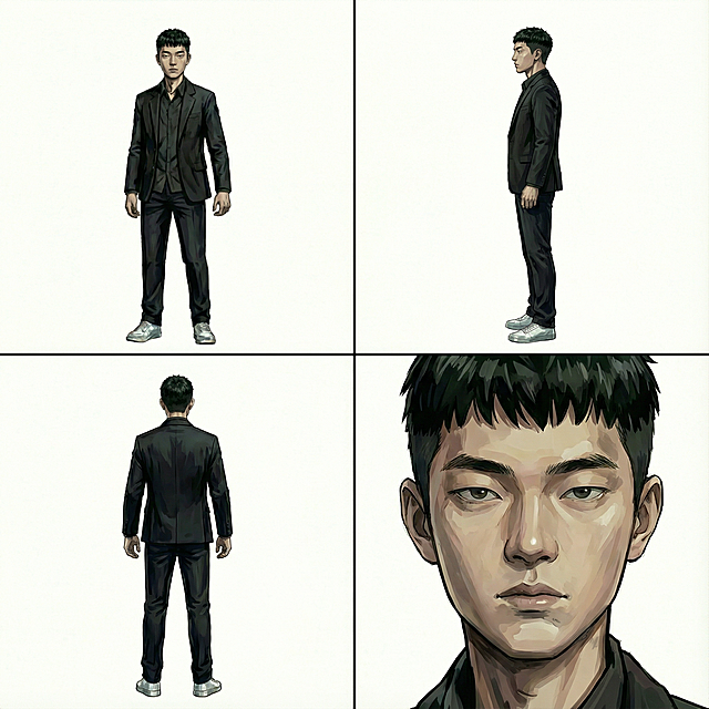 我想生成四视图，正面，侧面，背面，特写，并在一张图片里四宫格展示