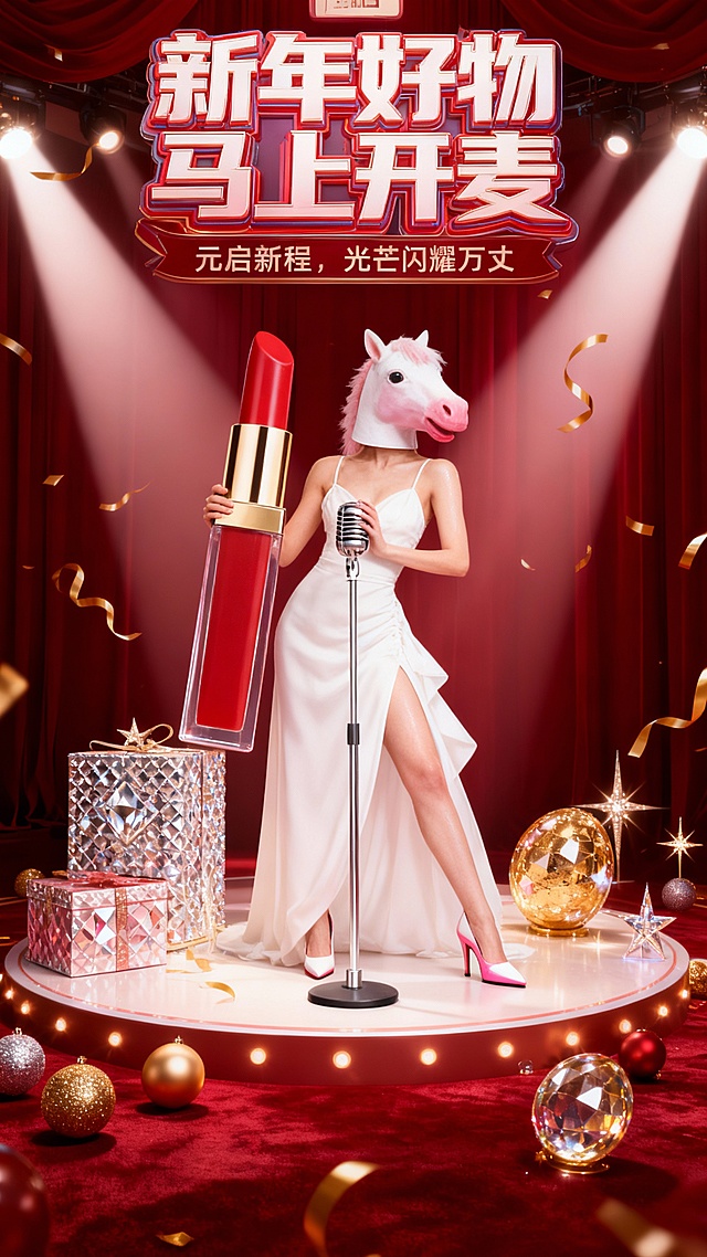 3D风重拟物设计，鎏金与玻璃质感交织，马头人形模特持巨型口红登台，舞台灯光璀璨，综艺感十足，喜庆奢华中透出梦幻时尚气息。