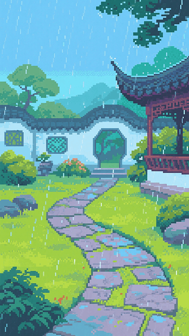 一条曲径的小路，通向苏州园林。浠沥沥的雨落下。中国传统配色