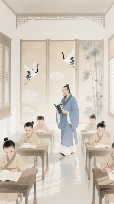 混合细腻彩铅质感，杏色为主色调。古色古香的房间，夫子拿着书走在学生课桌之间，6名古代小童端坐在课桌旁看书，背景绣有飞鹤、祥云、竹子的屏风。预览效果