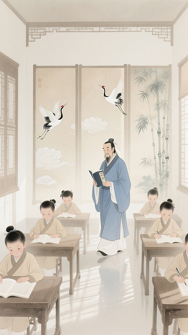 古典中式插画风，水墨淡雅，展现古代学堂情景，鹤舞竹影，书香四溢。