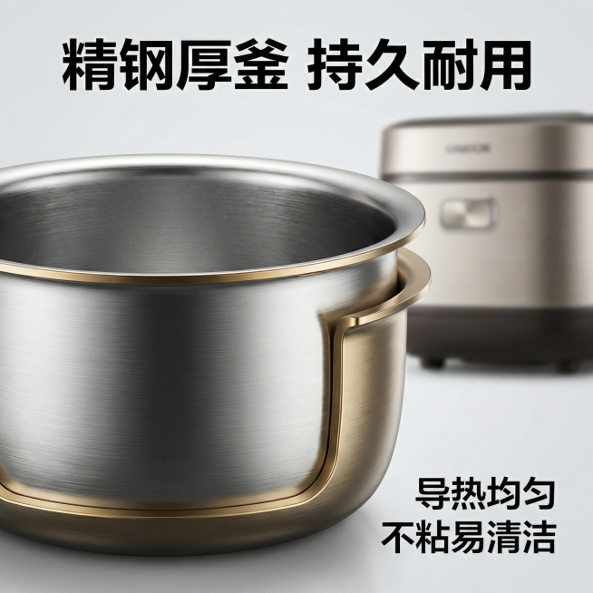 [主图3 内胆细节展示] 主图主题：精钢厚釜内胆细节特写，氛围风格：极致质感，微距特写，光影突出材质纹理。画面元素：整体放大展示精钢厚釜内胆，清晰呈现金属材质纹理和厚度，原电饭煲主体放置在画面右上角作预览效果