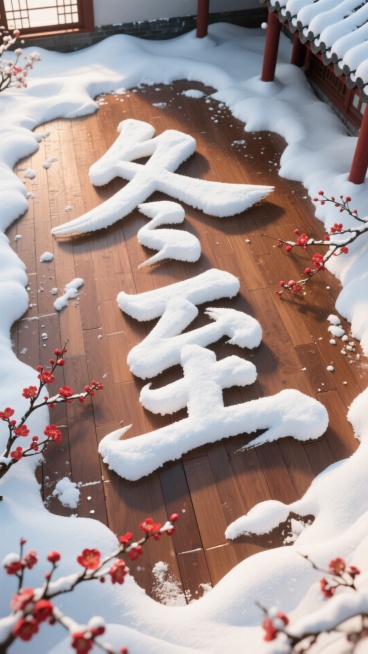 俯视视角，画面主视觉是有厚积雪的木质地板上堆出来的“冬至” 毛笔字（积雪质感真实，表面带自然起伏纹理，露出棕褐色木质纹理地板，边缘有不规则足迹）；点缀红梅装饰预览效果