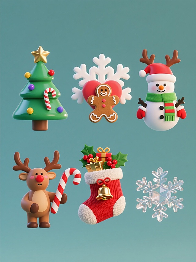 六个具有3D立体风格的圣诞元素集合，每个元素采用完全不同的材质，造型统一，规整排布在纯色背景上。元素包括：顶部带金色星星、挂有彩色球和拐杖糖的圣诞树；戴着绿色围巾、怀抱心形礼物、有棕色鹿角和红色脸颊的驯鹿；装满礼物、顶部有姜饼人、装饰有冬青叶和红色浆果的红色圣诞袜；系有金色铃铛和冬青叶的红白条纹拐杖糖；棱角分明、线条清晰的白色雪花；戴着红色圣诞帽和条纹围巾、有胡萝卜鼻子和红色手套的雪人。材质分别为：光滑塑料质感的圣诞树，哑光陶瓷质感的驯鹿，毛绒布料质感的圣诞袜，金属光泽质感的拐杖糖，透明水晶质感的雪花，柔软针织质感的雪人。整体色彩鲜艳明快，保持原图的圣诞氛围和元素特征，光影效果柔和，立体感强，各元素间距均匀，构图平衡。
