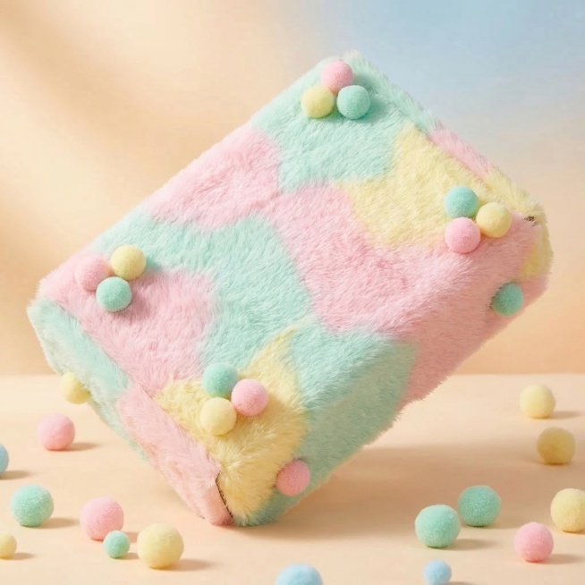 基于原有白空纸盒，添加软萌3D毛绒可爱风格包装设计，保持纸盒主体物理结构不变，改变纸盒放置角度，暖柔漫射光，马卡龙低饱和配色，3D毛绒包裹材质，中心构图，商业摄影，加入毛绒绒小球点缀增添可爱感，负向提预览效果