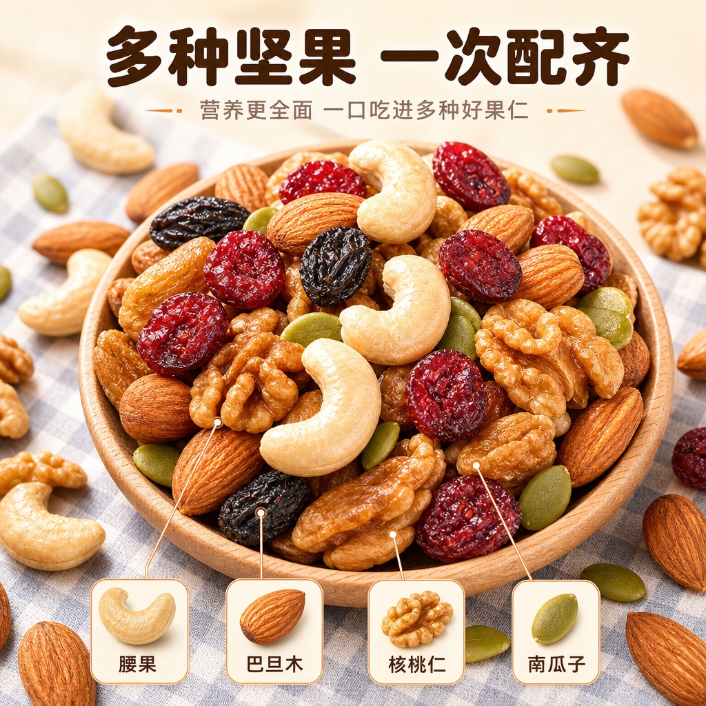 [商品] 使用【图4】木碗盛装的混合坚果特写；保留腰果、巴旦木… - 图片创意预览
