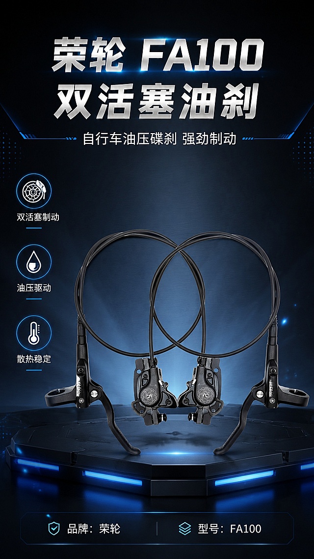 基于上传的自行车双活塞油刹商品图，制作一张竖版电商海报。产品为第一视觉焦点，位于画面中下部，商品主体占比约60%。自行车双活塞油刹100%还原上传商品图的产品外形、结构、LOGO、印刷文字、材质质感、颜色与正面朝向，以上传图为唯一商品主体来源，设计仅作用于背景、光影、道具、版式和文字区。背景为深色科技感渐变背景（深灰到黑色），带有细微金属质感纹理和蓝色光效点缀，营造专业运动户外氛围。产品下方有深色几何台面承托，周围有微弱的光晕和光斑效果。画面顶部为标题区，主标题大字醒目："荣轮 FA100 双活塞油刹"，副标题："自行车油压碟刹 强劲制动"。画面中部两侧分布3个卖点标签，分别是："双活塞制动"、"油压驱动"、"散热稳定"，每个标签配简洁图标。画面底部有品牌型号信息："品牌：荣轮"、"型号：FA100"。整体版式精美，层级分明，文字不遮挡产品主体，四周留有安全边距。写实商业摄影风格，侧前方柔光，产品金属质感突出，阴影柔和自然。画面中所有信息区域必须填充完整合理的内容，不得出现空白框或占位。画面中所有数字必须精确渲染，不得错位、遗漏或编造。