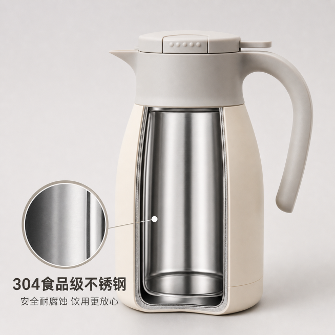 [主图-3] 保温壶内胆材质细节展示图
[氛围风格] 真实可信 细节清晰
[画质] 商业摄影质感、光线柔和通透、产品清晰真实、画面干净高级
[元素] 保持保温壶外观物理结构、材质质感、米白拼浅灰颜色与预览效果
