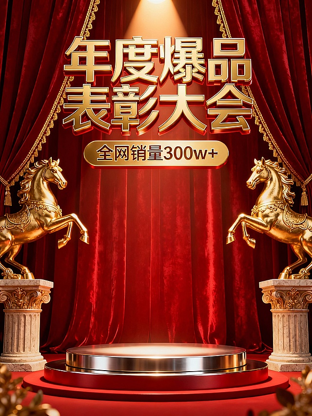 写实风，奢华感，主色调为高饱和亮红搭配奢华金色，舞台下方仰视视角。主体位于舞台上的双层金属圆形展台上（占30%视觉比例），顶部暖色聚光灯投射于主体，背景为垂坠感红色丝绒幕布（装饰金色走线），两侧装饰华丽金马造型欧式石柱（前景左右对称）。画面上方为3d金属细体亮金色文字“年度爆品表彰大会”，副标题金属小字“全网销量300w+”。图片比列3：4