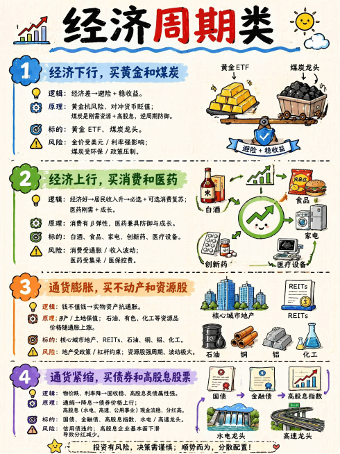 设计一张手绘竖形卡通信息图，保留原图所有经济周期类投资文案内容，做差异化设计，调整排版和配图，与原图风格区分，易于理解且视觉吸引力强，手绘涂鸦艺术风格，可爱的卡通插图，粗黑轮廓笔触，马克笔纹理上色，扁预览效果