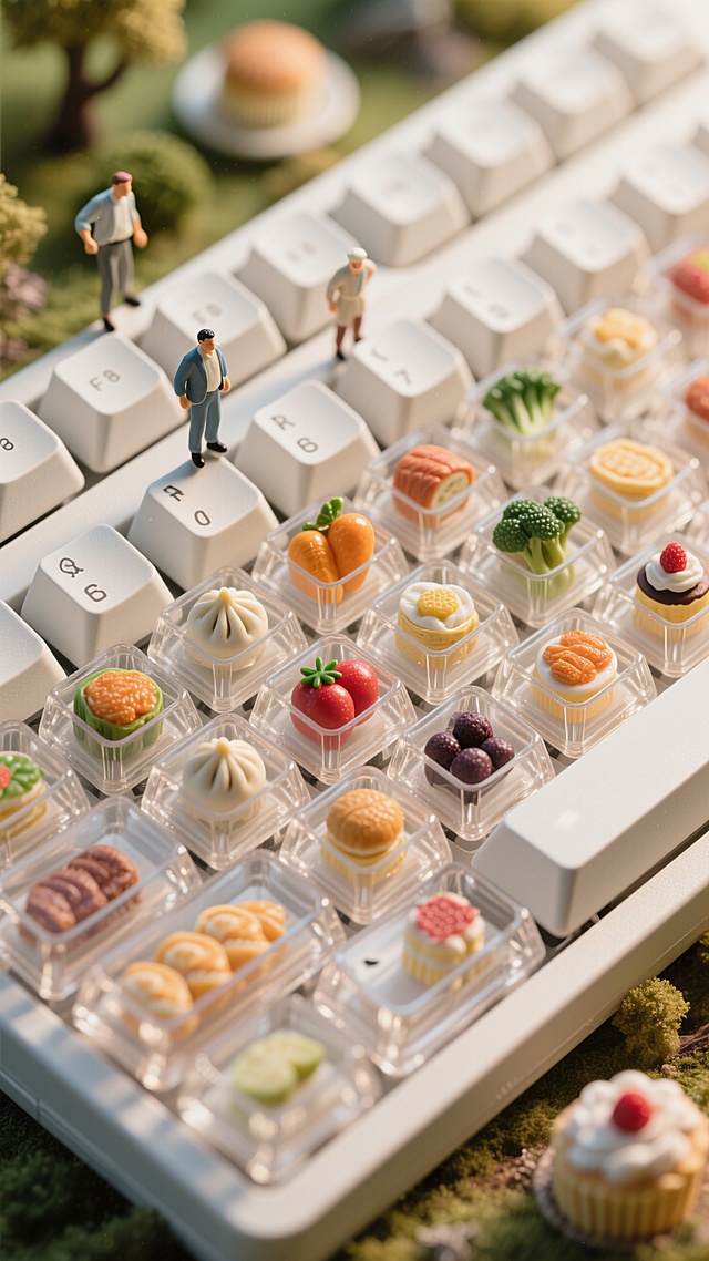 透明机械键盘键帽内嵌微缩食物模型，包子/水果/蔬菜/甜点分层排列，玻璃质感键帽外壳展示食物细节，3D写实渲染，顶视角俯拍，暖色调美食摄影，景深控制，微距镜头，电商主图设计