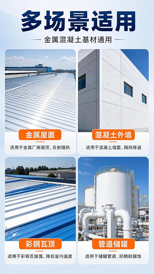 [商品] 反射隔热漆多场景应用展示；展示不同基材和建筑场景。
[画面] 页面目标：场景适配，展示适用范围广。构图：2x2四宫格布局，上方标题区占20%，下方四宫格占80%；四个场景分别为：金属厂房屋顶、混凝土外墙、彩钢瓦屋面、储罐管道；每格配场景标签；阅读动线从上到下再从左到右。
[视觉] 套系策略：风格=专业工业风商业摄影；标题字=粗黑体；正文字=常规黑体；主色=天空蓝+白色；背景延展=基于蓝白做浅灰蓝渐变底色；强调色=亮橙色，用于场景标签和引线；标题色=深蓝；正文色=深灰；组件=圆角场景框、场景标签、分隔线；光影=各场景独立自然光效，整体统一明亮。
[文字] 主标题"多场景适用"（5字），副标题"金属混凝土基材通用"（10字）；四宫格每格标签："金属屋面"、"混凝土外墙"、"彩钢瓦顶"、"管道储罐"；每格下方1行简短说明。
[规格] 图片比例9:16竖版，2K分辨率，避免变形、错字、文字过小。
