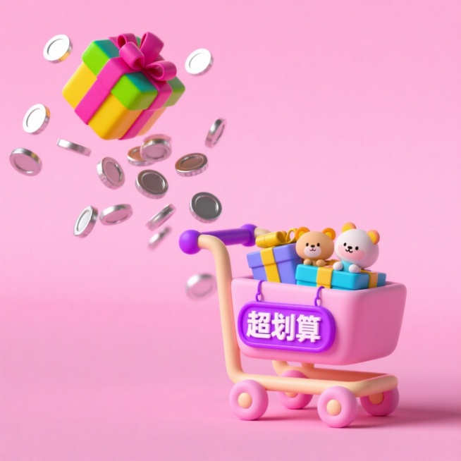 画面上方，一个彩色礼盒正散落出众多银色硬币，掉至右侧的推车中，推车里装满玩偶、银色硬币、小礼盒等，推车把手处还挂着写有 “超划算” 的紫色标牌，粉色背景。预览效果