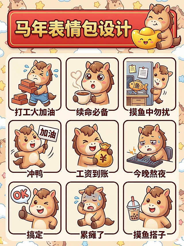 卡通拟人马形象，扁平插画风，融合emoji趣味表达，清新可爱，传递马年节日氛围与日常情绪共鸣。