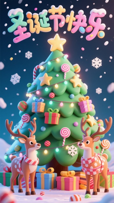 3D卡通风格圣诞海报，顶部是3D糖果主题字“圣诞节快乐”，文字上覆盖飘落的雪花和彩色糖果点缀，中间是巨大的圣诞树，树上挂满礼物盒、五角星和雪花装饰，树身缠绕闪烁的彩灯，树下有两只被各种礼盒和糖果包裹的预览效果