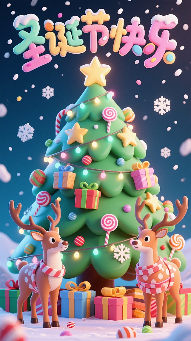 软3D风格圣诞贺图，拟人化小鹿与糖果装饰的圣诞树营造梦幻可爱氛围，色彩缤纷充满喜庆感，粘土质感呈现童趣卡通风。